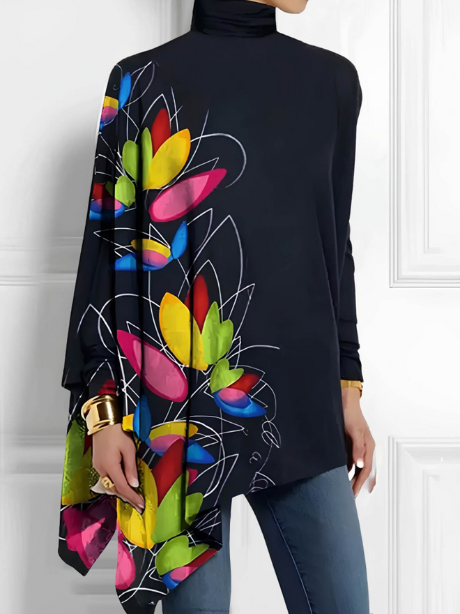 Janes Micro Blouse Femme Manches Longues Col Roulé Coupe Asymétrique Noir Vêtements en gros Décontracté