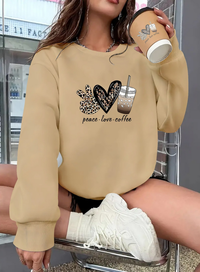 Janes Long Sleeve Crew Neck Heart Patterned Blouse Brown Wholesale Clothing Casual