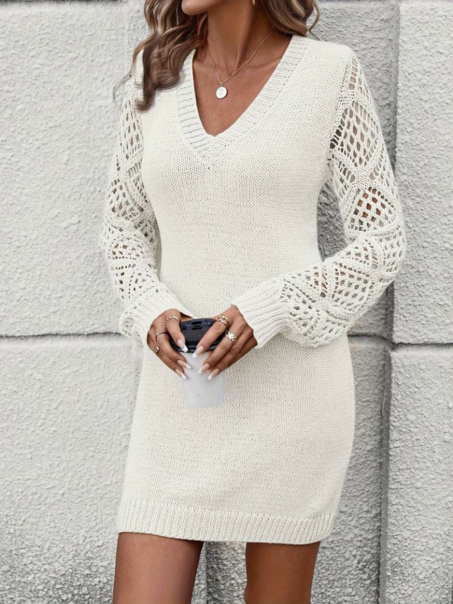 Janes Rochie De Tricot Mini Cu Decolteu În V Cu Mâneci Lungi Albă Îmbrăcăminte cu ridicata Casual