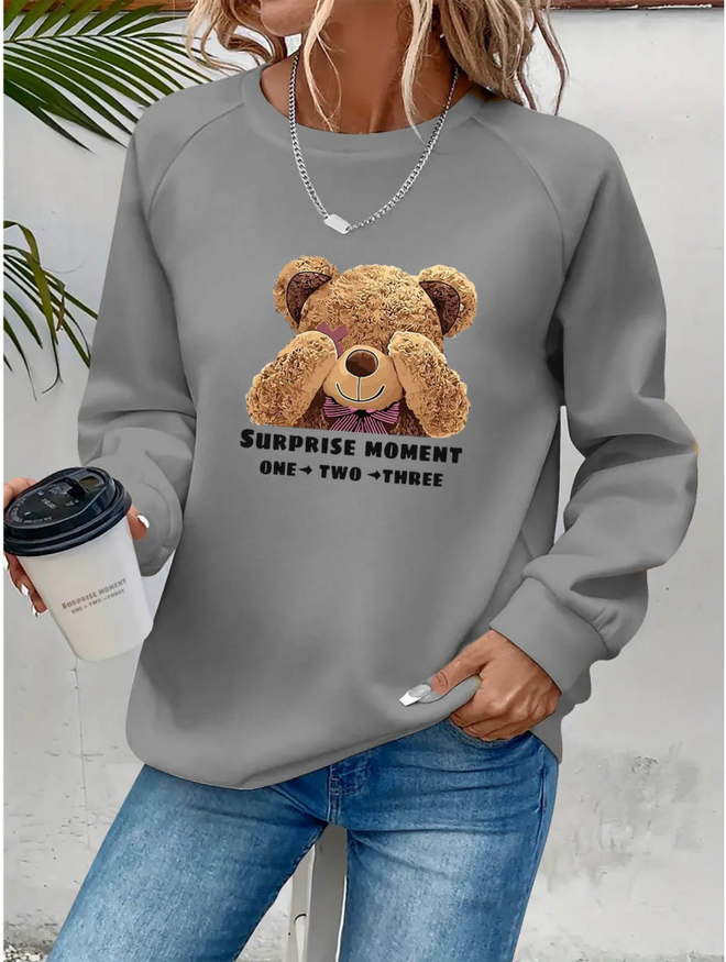 Janes Women's Long Sleeve Crew Neck Teddy Bear Patterned Viscose Two Yarn Blouse Gray Wholesale Clothing Casual
