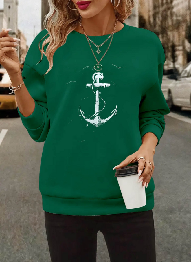 Janes Women's Long Sleeve Crew Neck Patterned Viscose Two Thread Blouse Green Wholesale Clothing Casual