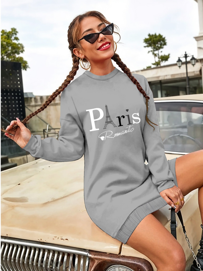 Janes Kadın Uzun Kollu Bisiklet Yaka Yazılı Kısa Viskon Iki Iplik Elbise Gri Toptan Giyim Gündelik