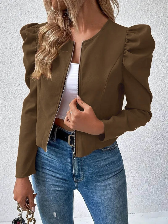 Janes Women's Long Sleeve Front Zippered Balloon Sleeve Suede Jacket Black Wholesale Clothing Casual