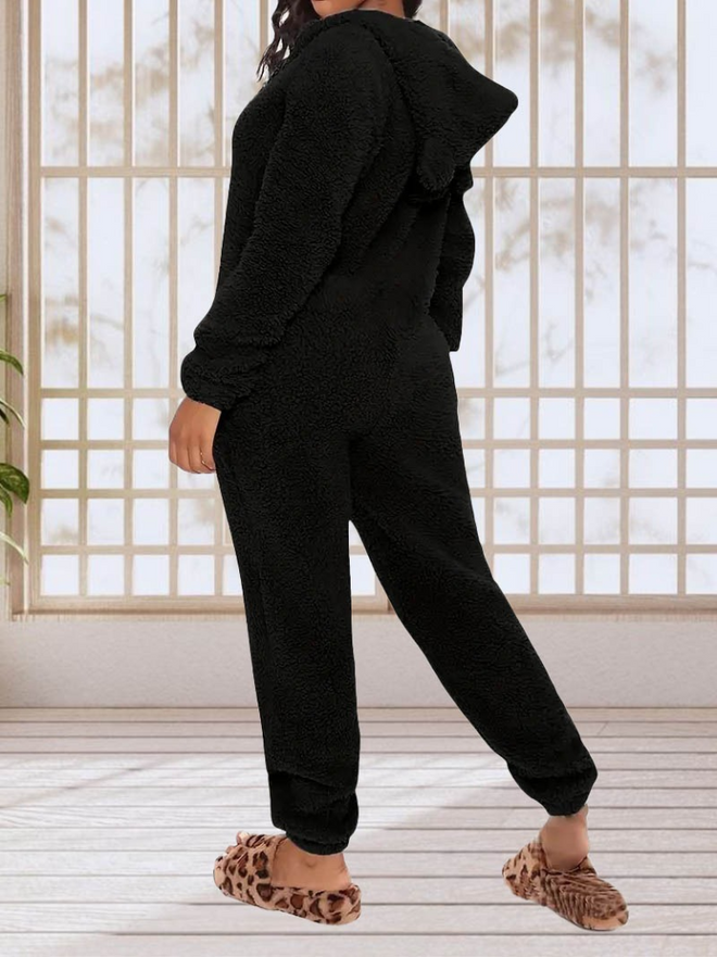 Janes Kadın Uzun Kollu Kapüşonlu Tavşan Kulak Detaylı Peluş Tulum Siyah Toptan Giyim Gündelik