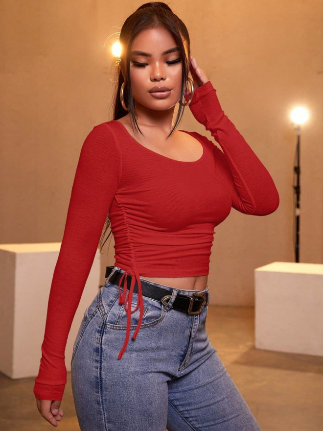 Janes Kadın Uzun Kollu Yanlar Büzgü Detay Kaşkorse Crop Kırmızı Toptan Giyim Gündelik
