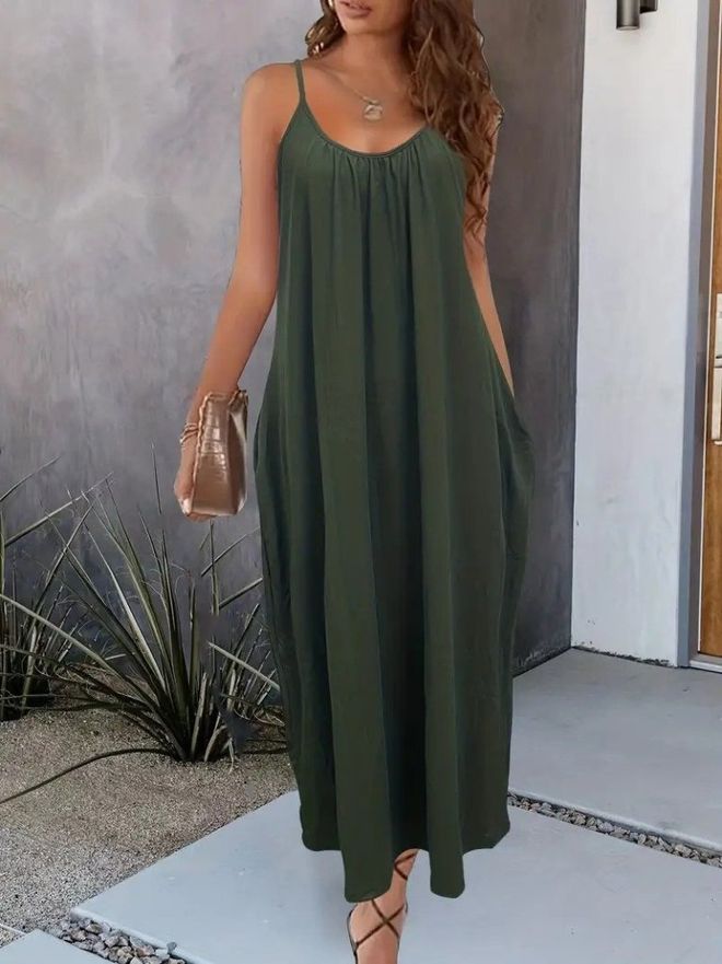 Janes Women's Wide V Neck Pocket Viscose Dress With Rope Strap Khaki Wholesale Clothing Casual