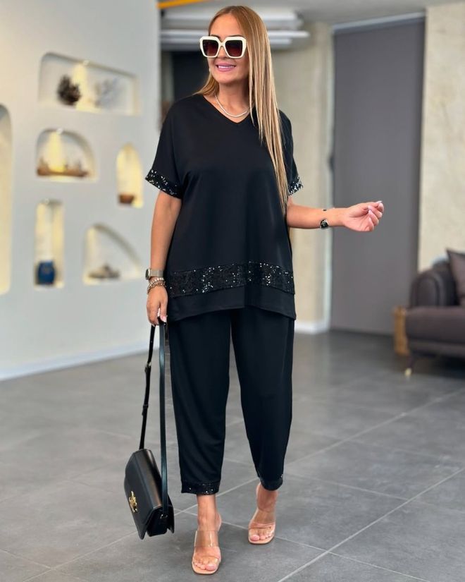 Janes Damenbluse Und Hose Aus Zweifädiger Viskose Mit Pailletten Und Pailletten Kurzärmlig Doppelset Schwarz Großhandelskleidung Lässig
