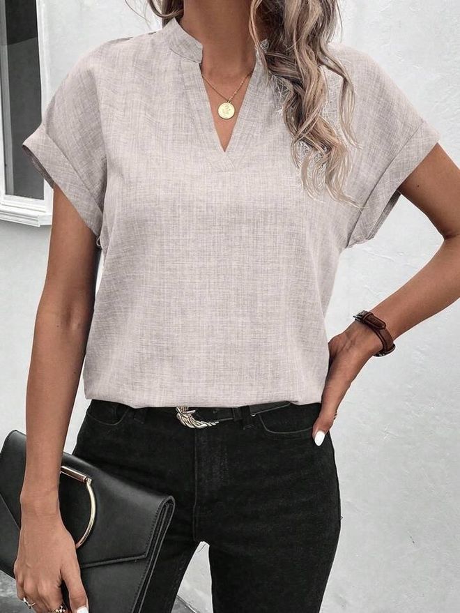 Janes Женская Блуза Sofia С Короткими Рукавами И Доминирующим Воротником Беже Оптовая продажа одежды Повседневный