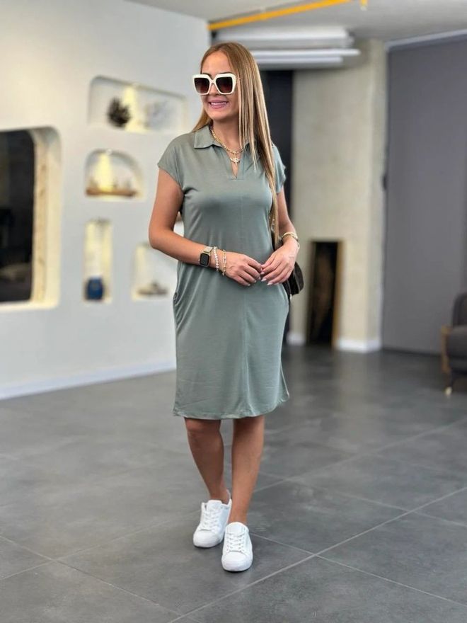 Janes Moteriška Trumpomis Rankovėmis Apykaklės Viskozės Dviejų Siūlų Suknelė Žalia Didmeninė prekyba drabužiais Gimtadienis