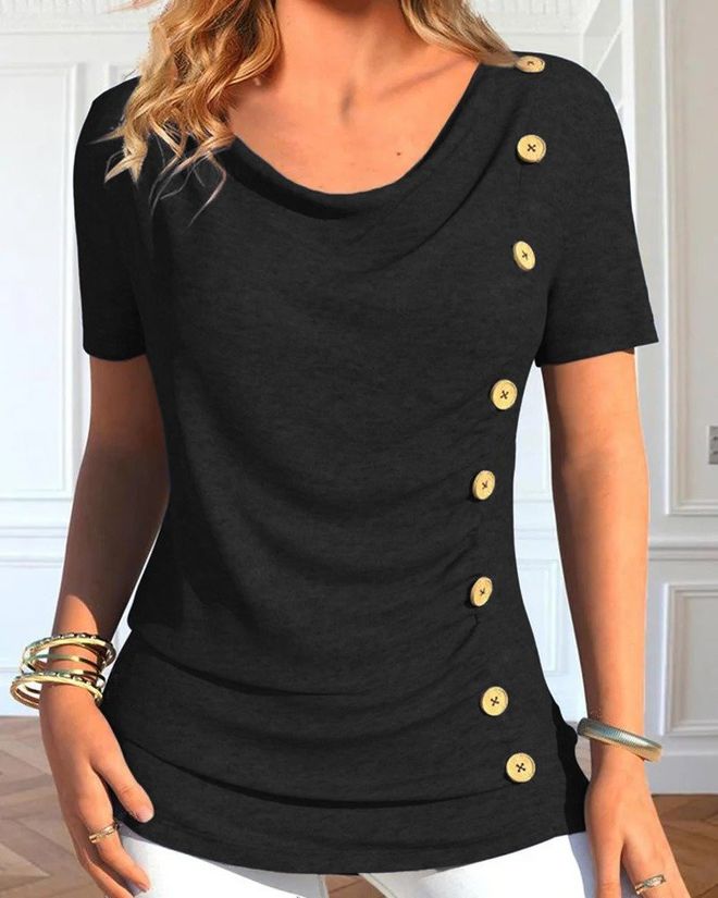 Janes Women's Short Sleeve Round Neck Side Buttoned Viscose Blouse Black Wholesale Clothing Casual