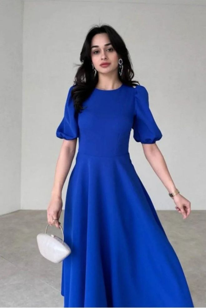 Janes Robe En Crêpe Janjan À Coupe Large Et Col Rond À Manches Montgolfières Pour Femmes Bleu Vêtements en gros Élégant