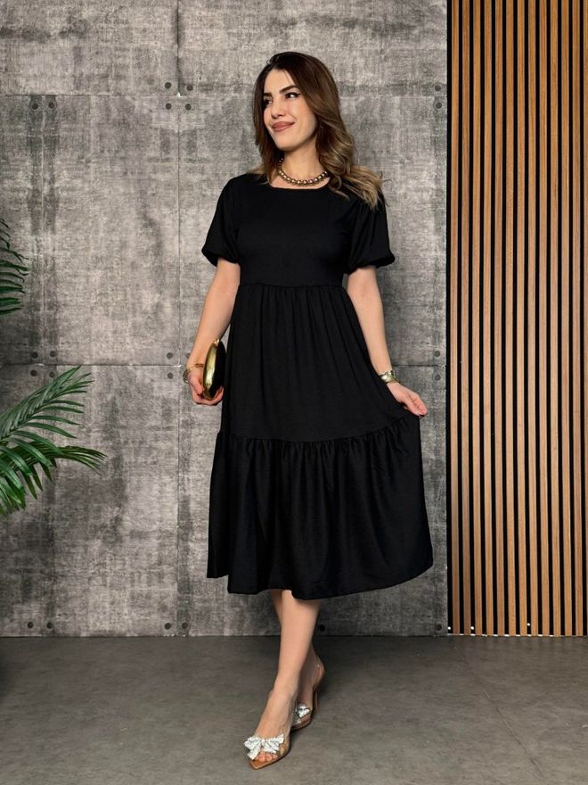 Janes Dámske Balónové Šaty S Krátkym Rukávom S Otvoreným Vrstveným Golierom Čierne Veľkoobchod s oblečením Neformálny