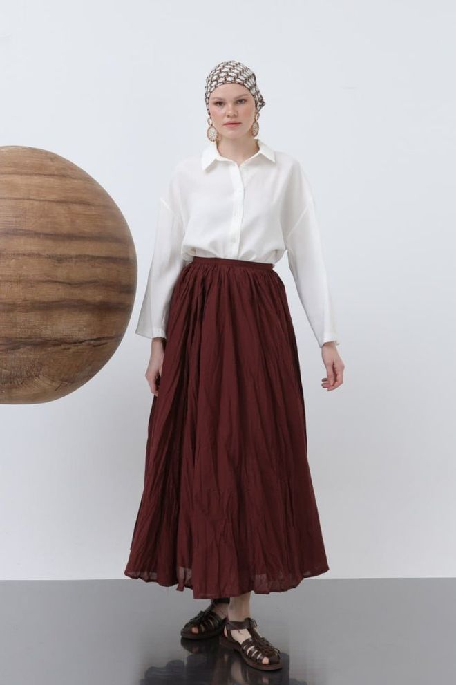 Janes Women's High Waist Back Zipper Ruffle Wide Cut Vural Skirt Burgundy Wholesale Clothing 0