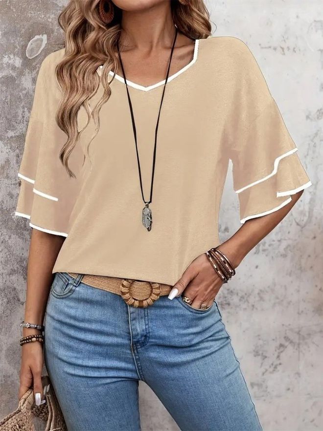 Janes Kurzärmlige Viskosebluse Mit V Ausschnitt Für Damen Beige Großhandelskleidung Lässig