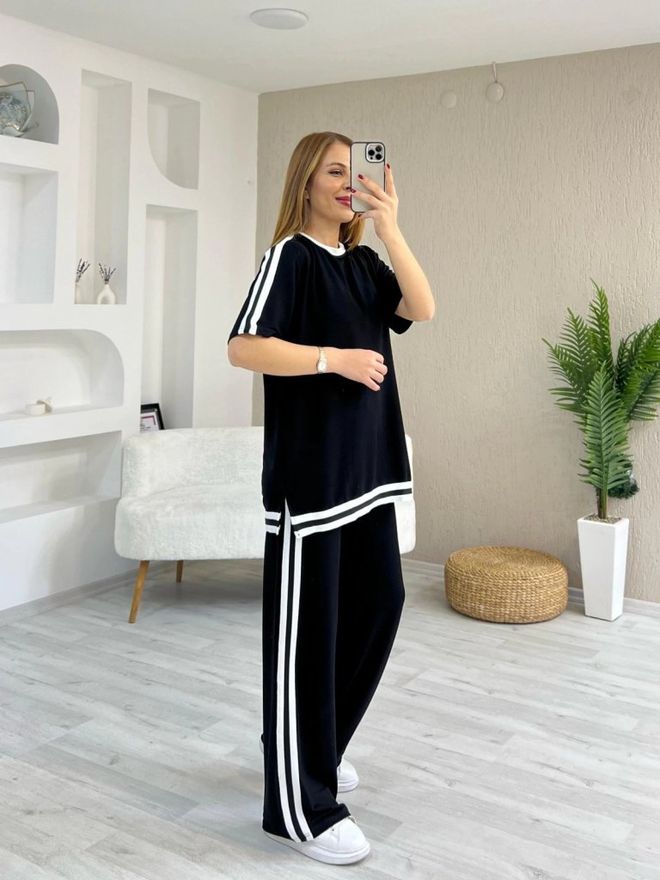 Janes Conjunto Doble De Blusa Y Pantalones De Viscosa De Dos Hilos Con Cuello Redondo Y Detalle De Rayas De Doble Color Para Mujer Negro Ropa al por mayor Casual