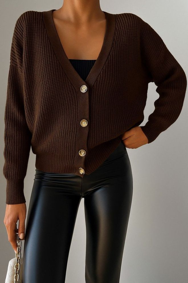 Janes Women's Long Sleeve Button Detail Knitwear Blouse Brown Wholesale Clothing Casual