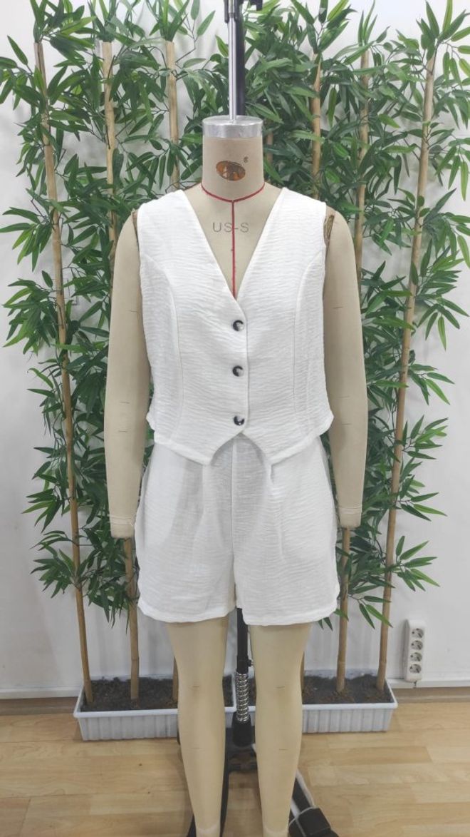 Janes Women's Zero Sleeve Strap V Neck Front Buttoned Imported Linen Jacket And Short Duo Suit White Wholesale Clothing Summer