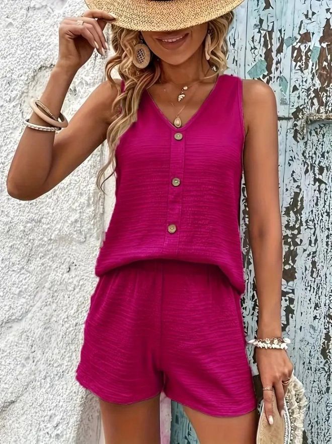 Janes Ženska Bluza S Trakovi Brez Rokavov Z V izrezom S Sprednjim Gumbom In Kratek Dvodelni Komplet Roza Oblačila na debelo Ležerno