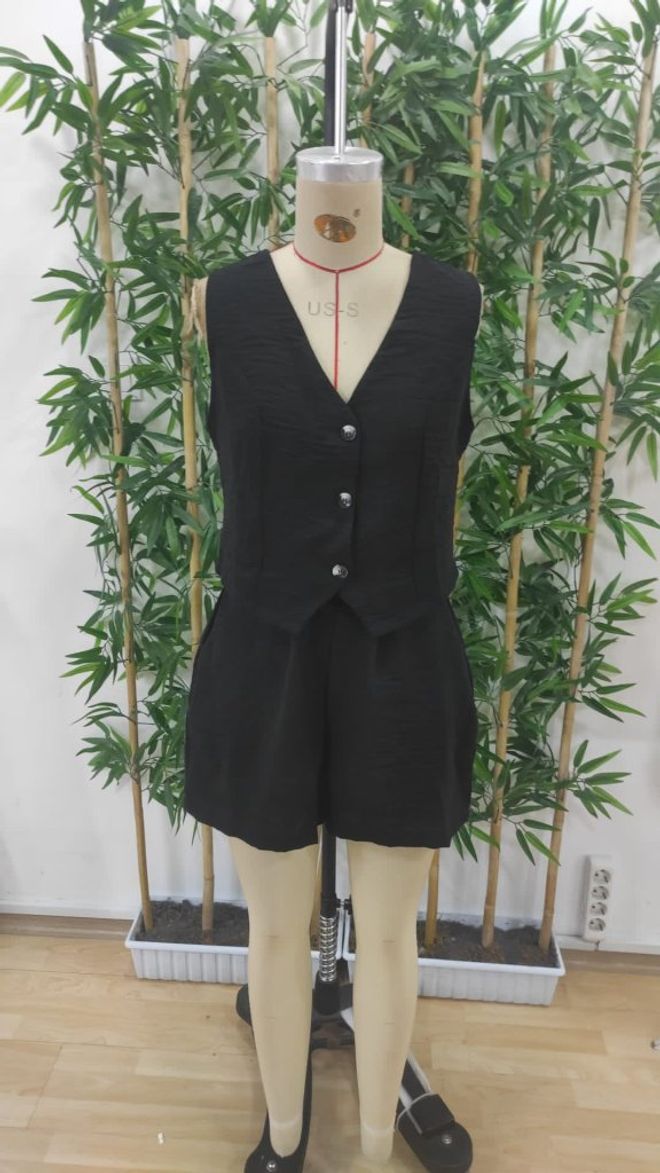 Janes Women's Zero Sleeve Strap V Neck Front Buttoned Imported Linen Jacket And Short Duo Suit Black Wholesale Clothing Summer