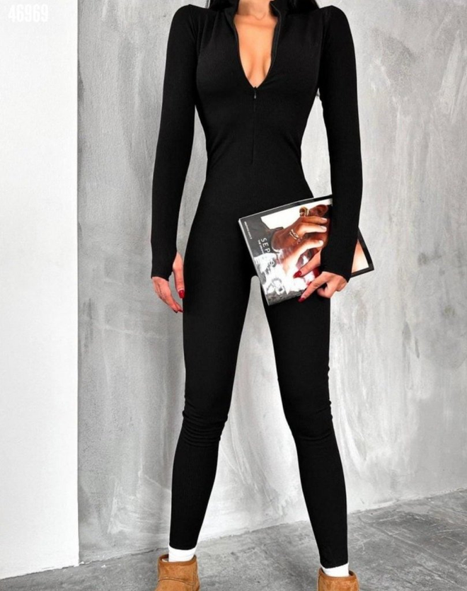 Janes Women's Long Sleeve V Neck Fingerprint Detail Camisole Jumpsuit Black Wholesale Clothing Casual