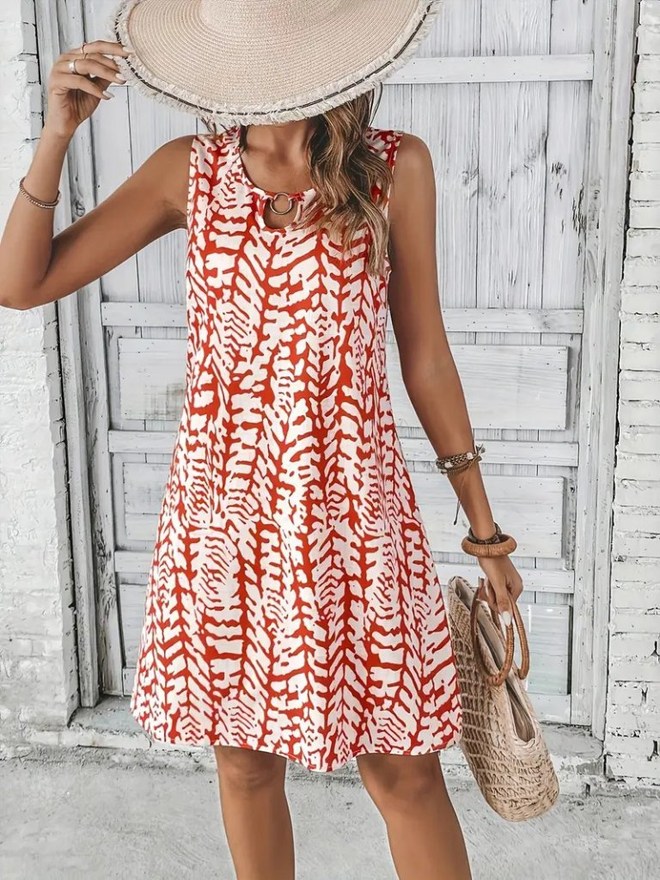 Janes Abito Corto Da Donna A Maniche Zero Con Colletto A Cerchio E Motivo Floreale Arancione Abbigliamento all'ingrosso Casuale