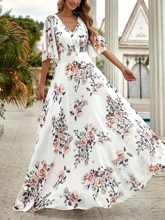 Janes Robe Suprem À Manches Courtes Et Col En V À Imprimé Floral Pour Femmes Blanche Vêtements en gros Formel