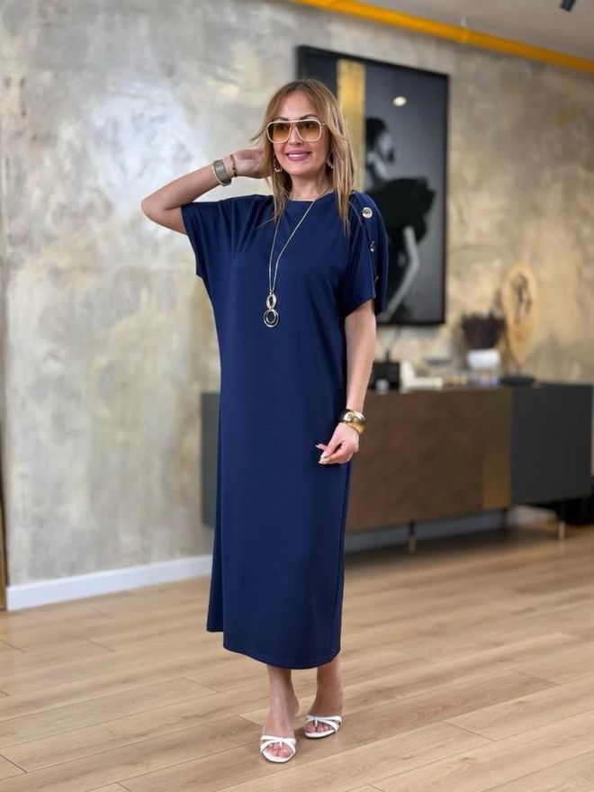 Janes Robe Longue Boutonnée En Viscose À Manches Courtes Et Col Rond Et Épaules Dénudées Pour Femmes Bleu Marine Vêtements en gros Décontracté