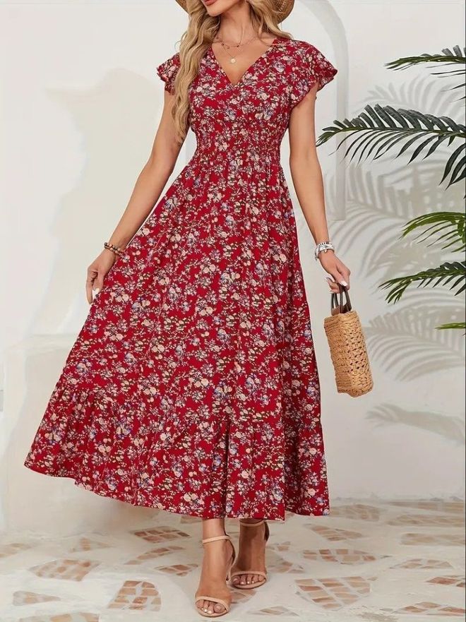 Janes Rojo Boho Ajustado Maxi Vestido Ropa al por mayor Casual