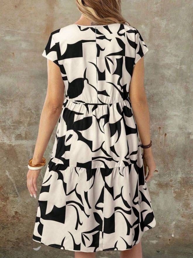 Janes فستان أسود بلوك اللون بتصميم يحول وأكمام قصيرة ملابس بالجملة غير رسمي