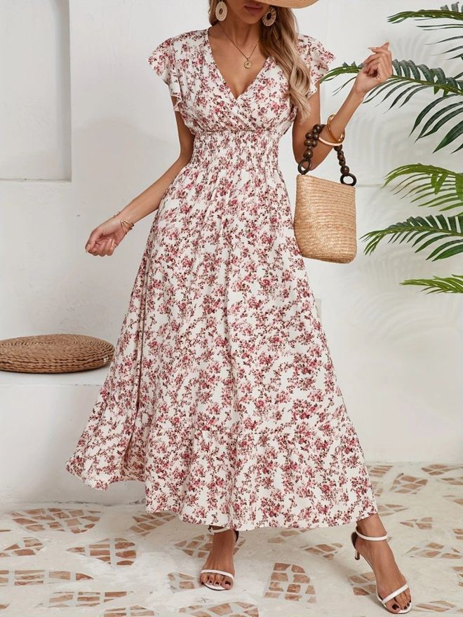 Janes Weißes Boho Wickel Maxikleid Mit Flatterärmeln Großhandelskleidung Lässig