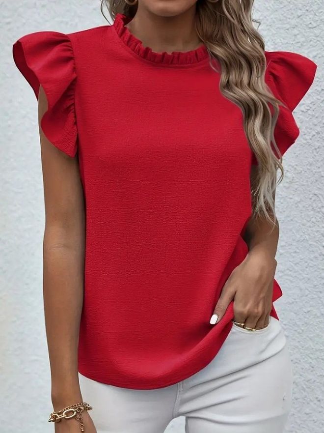 Janes Chemisier Rouge Élégant À Manches À Volants Vêtements en gros Décontracté