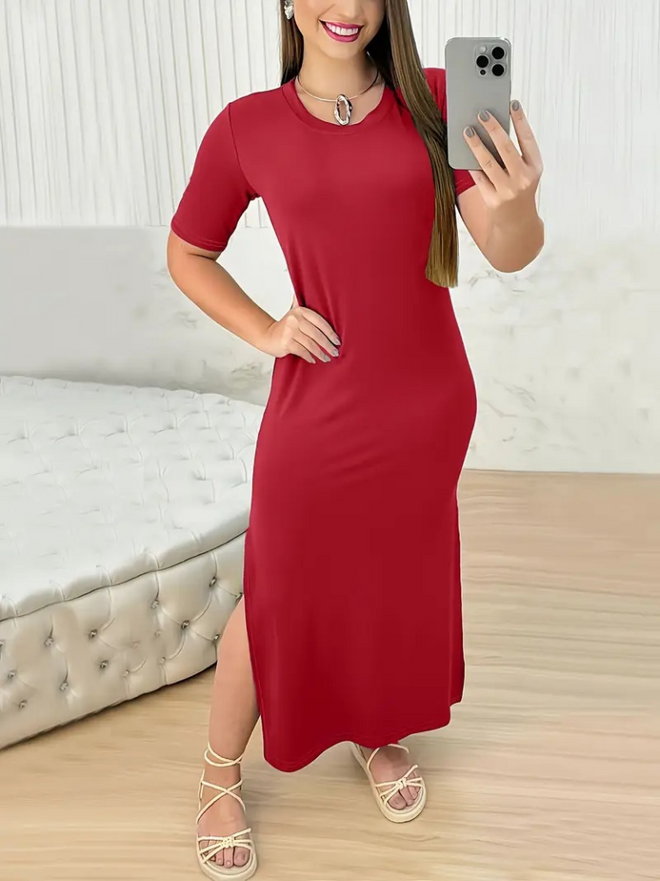 Janes Women's Short Sleeve Crew Neck Side Slit Viscose Dress Red Wholesale Clothing Casual