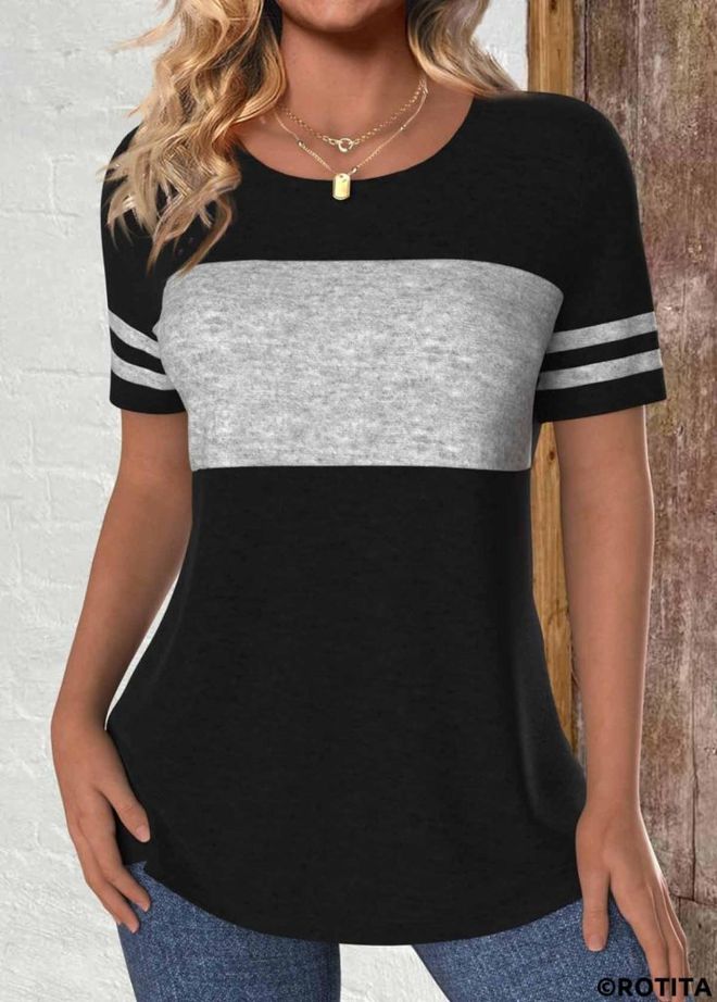 Janes Zweifarbige Viskosebluse Mit Rundhalsausschnitt Für Damen Schwarz Großhandelskleidung Lässig