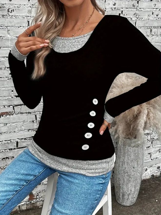 Janes Women's Long Sleeve Round Neck Block Color Side Buttoned Viscose Blouse Black Wholesale Clothing 0