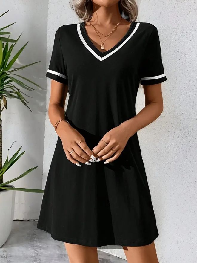 Janes Women's Short Sleeve V Striped Collar Short Viscose Dress Black Wholesale Clothing Casual