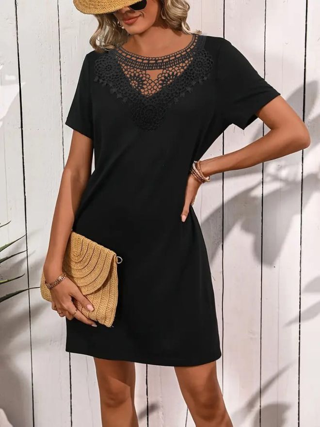 Janes Women's Short Sleeve Lace Collar Short Viscose Dress Black Wholesale Clothing Casual