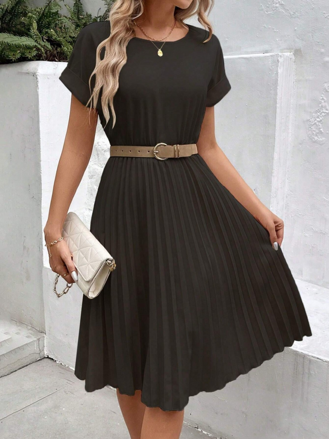 Janes Moterų Trumpomis Rankovėmis Apykaklės Atvira Juosmens Elastinga Klostuota Trumpa Importuota Krepo Suknelė Juoda Didmeninė prekyba drabužiais Kokteilinė