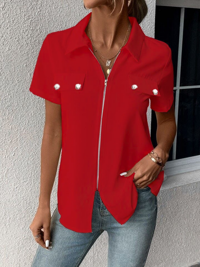 Janes Γυναικεία Κοντομάνικη Μπλούζα Με Γιακά Μπροστά Με Φερμουάρ Λεπτομέρεια Τσέπης Κοντό Μανίκι Εισαγόμενη Μπλούζα Χονδρικό εμπόριο ενδυμάτων Casual