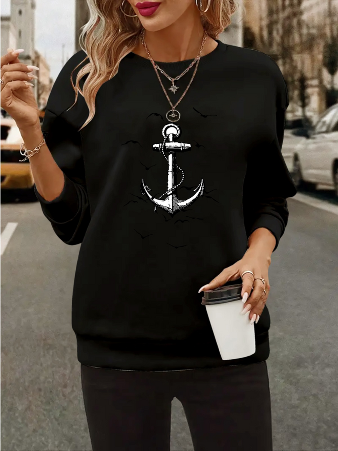 Janes Women's Long Sleeve Crew Neck Patterned Viscose Two Thread Blouse Black Wholesale Clothing Casual