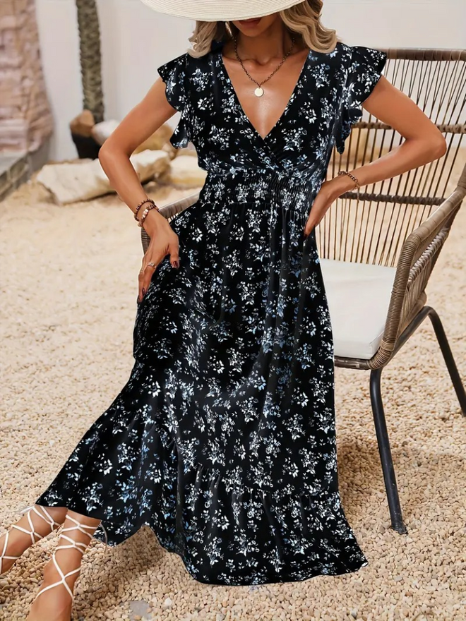 Janes Robe À Imprimé Floral À Manches Courtes Et Double Col Et Taille Élastique Pour Femmes Noir Vêtements en gros Décontracté