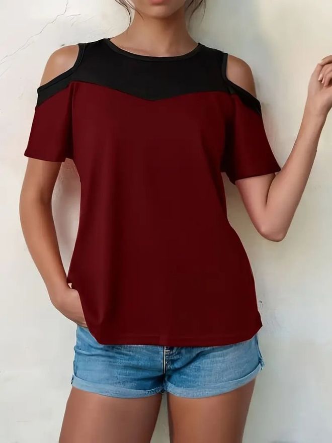 Janes Kadın Kısa Kollu Omuzlardan Açık Detaylı Çift Renkli Viskon Bluz Bordo Toptan Giyim Gündelik