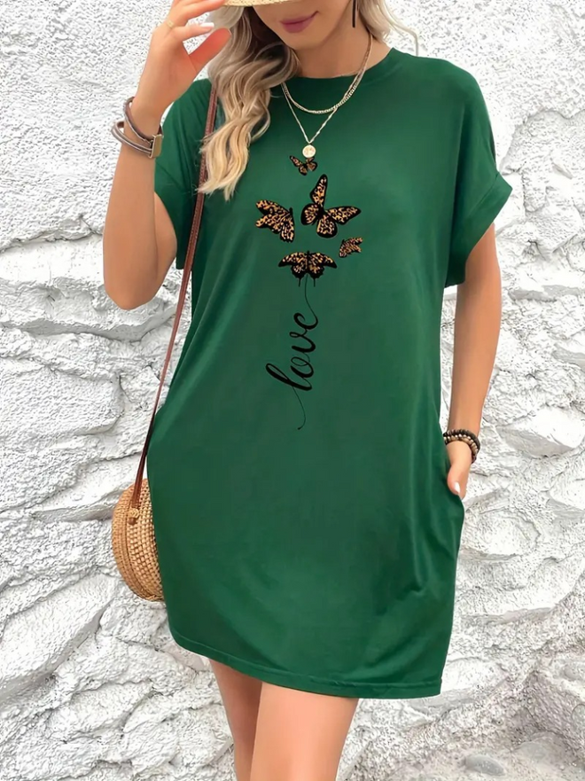 Janes Women's Short Sleeve Crew Neck Pocket Butterfly Printed Viscose Dress Green Wholesale Clothing Casual