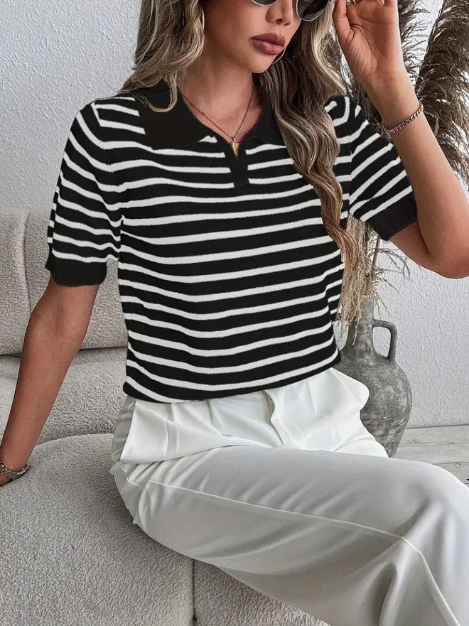 Janes Женская Двухцветная Блузка свитер С Коротким Рукавом И Воротником Черная Оптовая продажа одежды Формальный