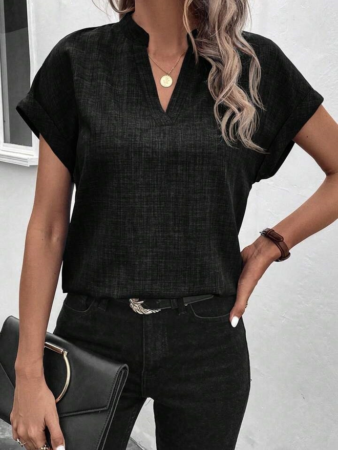 Janes Женская Льняная Блузка С Короткими Рукавами И Доминирующим Воротником Черная Оптовая продажа одежды Повседневный