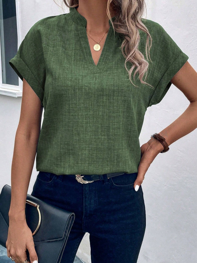Janes Женская Льняная Блуза С Короткими Рукавами И Доминирующим Воротником Зеленая Оптовая продажа одежды Повседневный