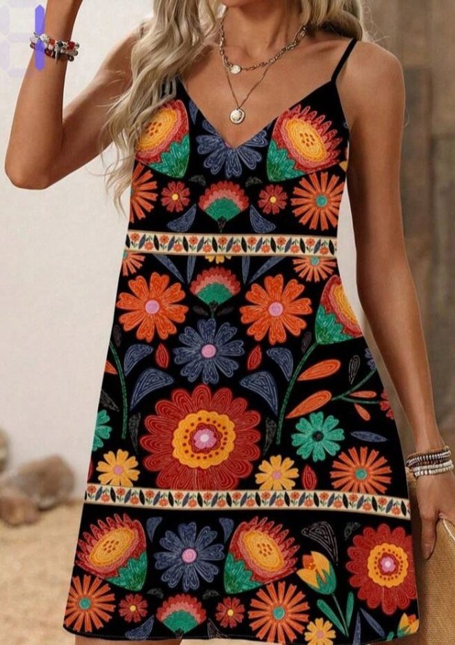 Janes Črna Cvetlična Obleka Slip Z V izrezom In Kapa Rokavi Oblačila na debelo Ležerno