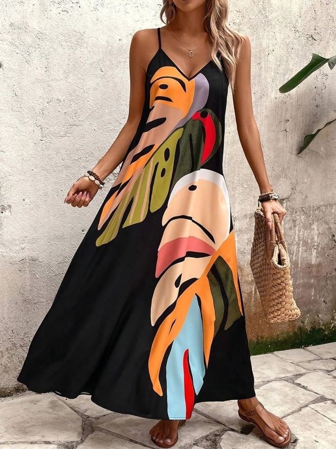 Janes Black Tropical Slip Maxi Dress With V Neck Wholesale Clothing Casual