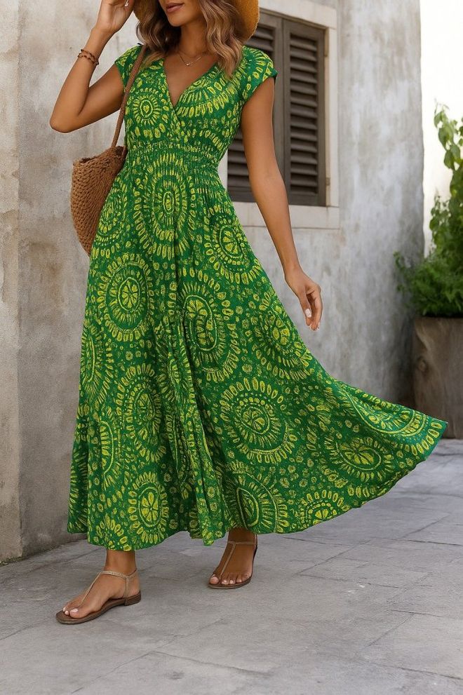 Janes Yeşil Boho Tie Dye Maksi Wrap Elbise Kap Kollu Ve V Yaka Toptan Giyim Tesettür