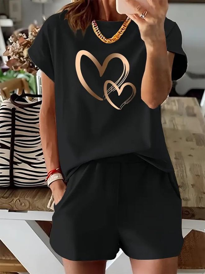 Janes Black Casual Sport Set With Hearts Athletic Shorts Wholesale Clothing Casual