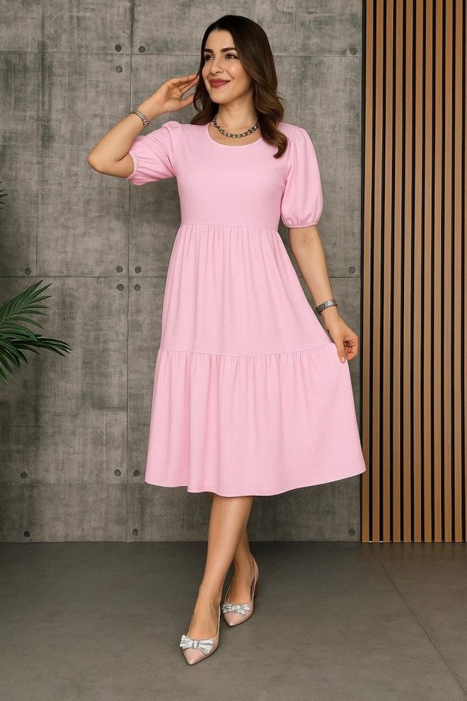 Janes Pink Fit And Flare Midi Dress With Ballon Sleeves Wholesale Clothing Modest